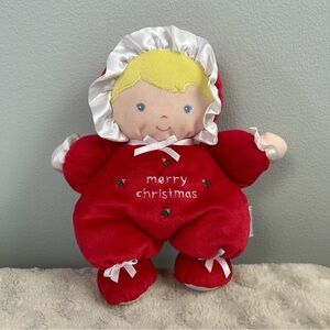 Prestige Toy Merry Christmas Doll Plush Stuffed Toy Red White Bows Blonde Rattle